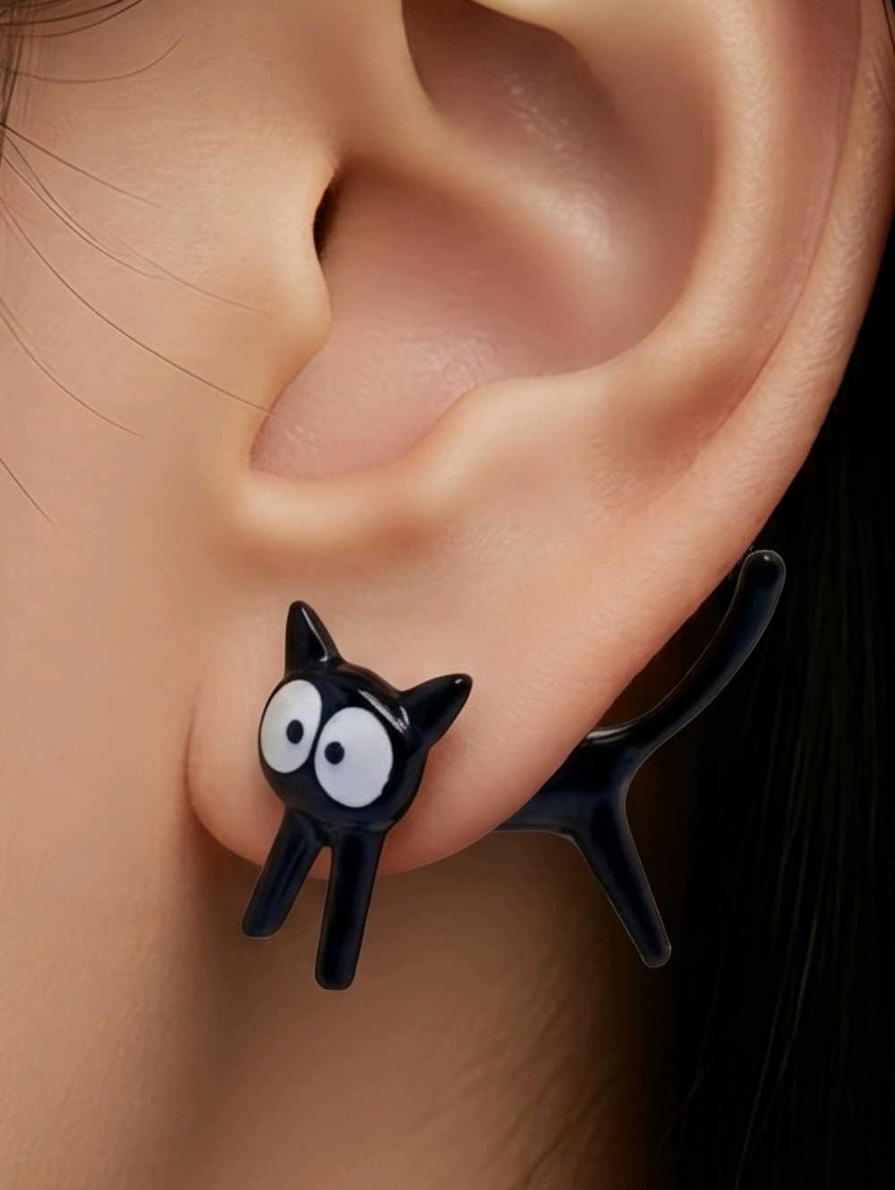 Jiji Anime Black Cat Earrings Ear Jacket Big Eye Kitty Cute Kawaii Fun Jewelry